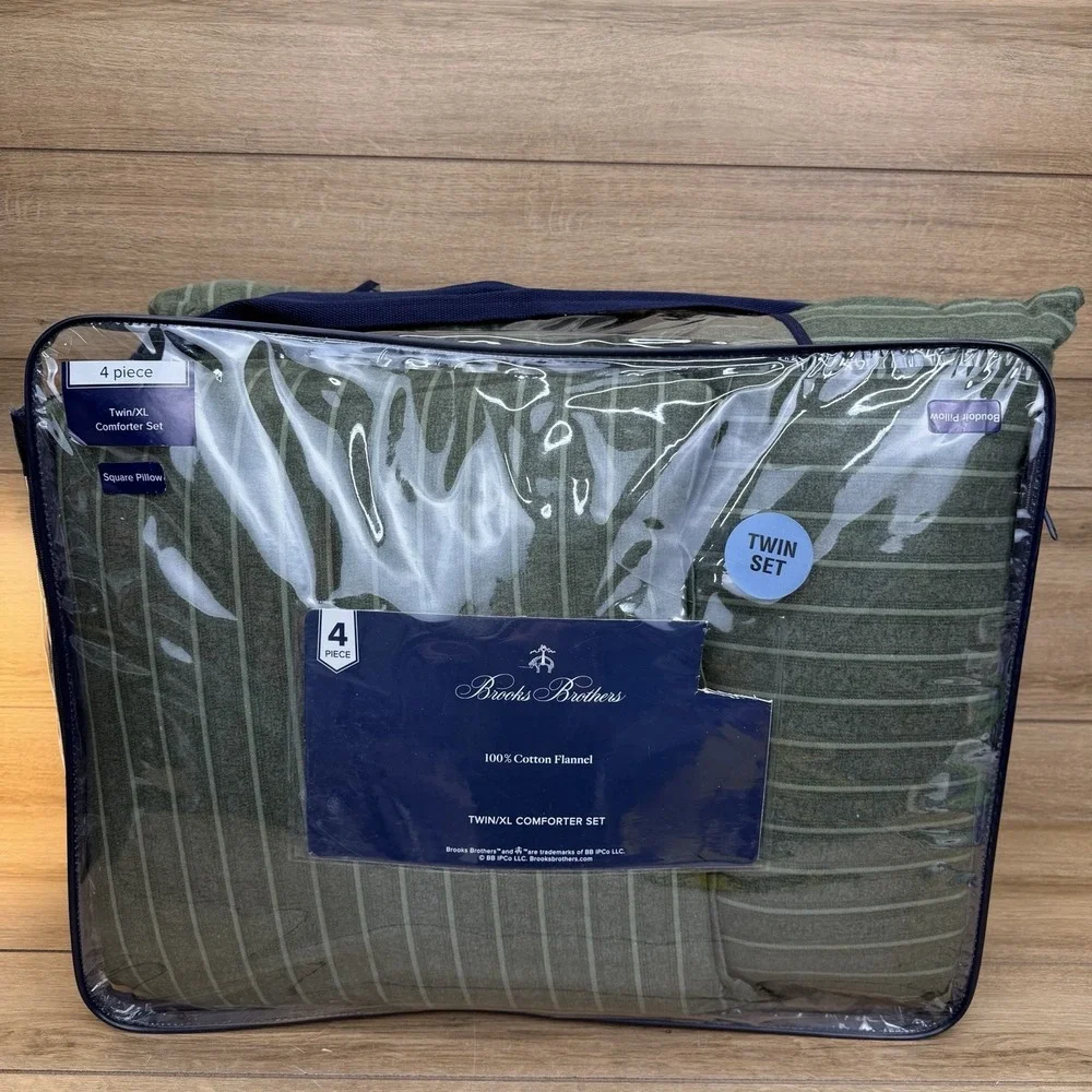 Brooks Brothers 4 Piece Comforter Set Twin XL 100% Cotton Flannel Green Stripes